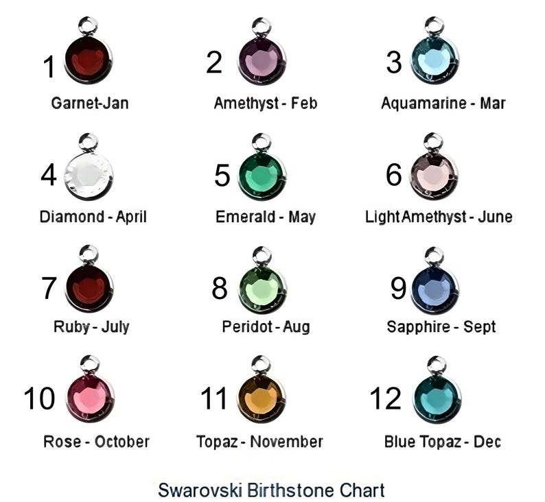 May include: A chart displaying the Swarovski birthstones for each month of the year. The chart features 12 small round crystals, each representing a different birthstone. The crystals are arranged in rows of four, with the month and birthstone name listed below each crystal.