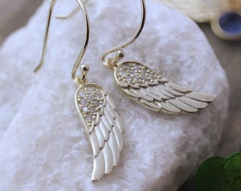 Gold Angel Wing Earrings CZ Angel Wing Earrings, Gold Angel Wing Jewelry Elegant Women Hypoallergenic Earrings. No nickel/lead