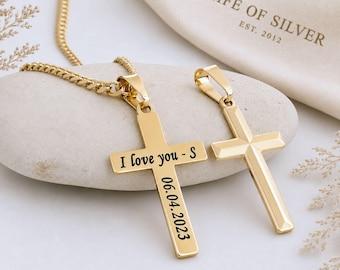 Personalized Gold Cross Necklace: Engraved Pendant, Sterling Silver Base.Unisex Cross. Select Thick or Thin chain Option. 5142 #=