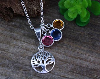 Grandmother necklace, Personalized family tree With 3 Birthstones OR 3 Initial SMALL Tree of life. Mothers necklace.