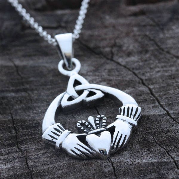 Celtic Knot Claddagh Pendant Sterling Silver Necklace, Love symble. Trinity Necklace, Irish Jewelry, Most Popular Friends gift, Celtic. c55