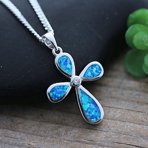 Opal Cross Sterling silver.  Silver Opal cross necklace, Confirmation Gift, First Communion Gift. Choose chain, Blue Opal cross jewelry