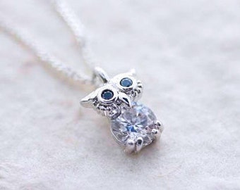 Silver OWL Necklace, Super cute Owl tummy Sparkle Cubic Zirconia. Gold not available . Sterling Silver chain, Silver Plated Owl with CZ Owl
