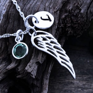 Sterling silver Angel Wing Necklace 2 personalized charms Initial Birthstone. Silver Guardian Angel Wing Necklace, Wings Jewelry.