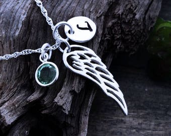 Sterling silver Angel Wing Necklace 2 personalized charms Initial Birthstone. Silver Guardian Angel Wing Necklace, Wings Jewelry.