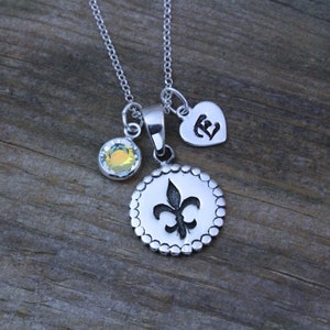 Sterling zilveren Fleur-De-Lis ketting. Gepersonaliseerde Fleur De Lis met geboortesteen, Fleur De Lis Sieraden
