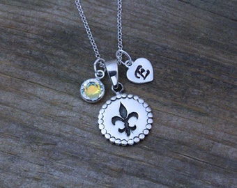 Sterling Silver Fleur-De-Lis Necklace. Personalized Fleur De Lis with birthstone, Fleur De Lis Jewelry