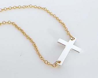 Sideways Cross necklace. All sterling silver or 2 tones Cross Necklace, Sterling Silver Cross Gold Filled chain Chose