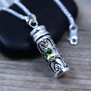 925 Sterling silver Urn necklace with Peridot Semi-Precious Mineral Stone, Urn Pendant necklace, Choose Chain, Initial Birthstone image 2