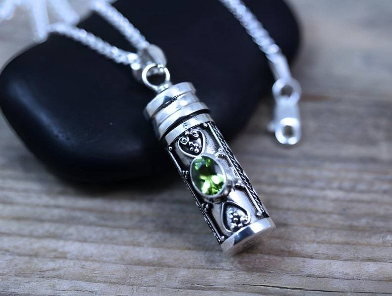 925 Sterling silver Urn necklace with Peridot Semi-Precious Mineral Stone, Urn Pendant necklace, Choose Chain, Initial Birthstone image 2