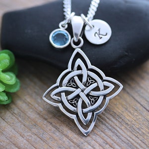 Colar Triquetra Knot, colar Trinity Knot de prata esterlina, nó celta de prata, pedra de nascimento personalizada, escolha a corrente/couro. R-W