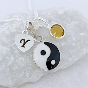 Small Yin Yang Necklace.  Solid Sterling silver Yin yang Charm. Yoga yin yang necklace, Choose Chain Initial and Birthstone. R-5324