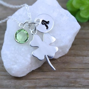 STERLING Silver Clover Necklace personalized with Birthstone-SHAMROCK, Four Leaf Necklace, Good luck Irish jewelry, Gift ideas image 1