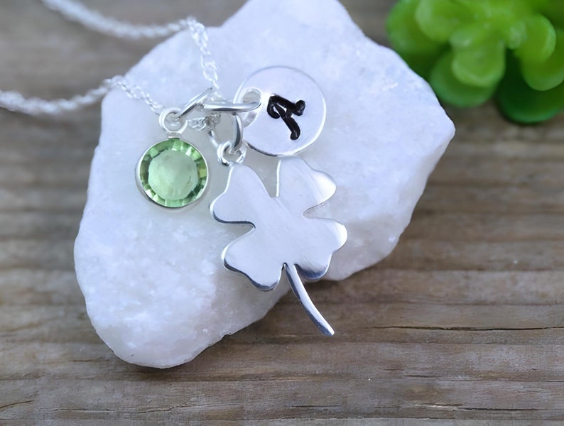 STERLING Silver Clover Necklace personalized with Birthstone-SHAMROCK, Four Leaf Necklace, Good luck Irish jewelry, Gift ideas image 1