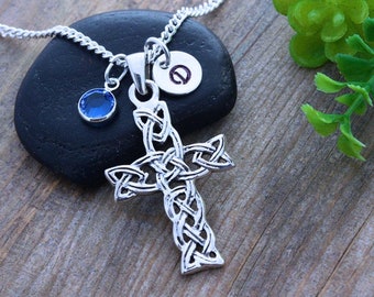 Celtic trinity knot cross necklace, Personalized Celtic Cross birthstone and initial, Celtic Cross Jewelry, 2165