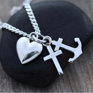 Sterling Silver necklace, Silver holy Necklace, Faith, Hope and Love necklace, (initial/Birthstone no included) Choose chain