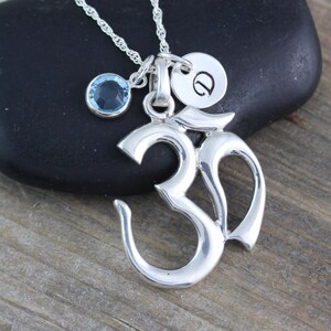 Yoga jewelry. Silver OM Necklace. Choose initial, birthstone and chain. Sterling Silver yoga necklace, OM jewelry. Yoga symbol. R448*