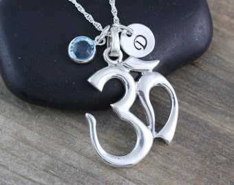 Yoga jewelry. Silver OM Necklace. Choose initial, birthstone and chain. Sterling Silver yoga necklace, OM jewelry. Yoga symbol. R448*