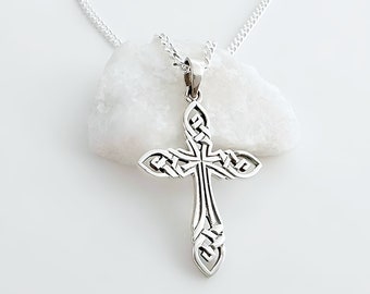 Small Celtic Cross necklace Sterling silver. Irish Knotted Cross Emphasizes Endlessness God's Love. Cross Pendant, Choose Chain