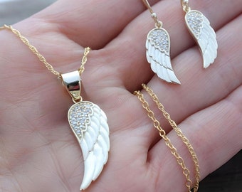 Gold Angel Wing, Necklace and Earrings SET Guardian Angel Wings necklace & Earrings, Gold Angel Wing Earrings with CZ. Silver upon Req.