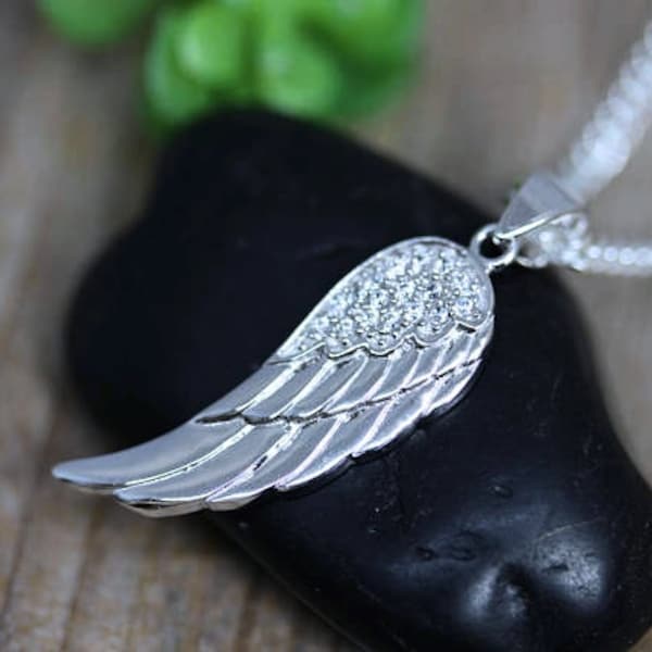 Sterling silver Angel Wing Necklace . Guardian Angel Wing Necklace with CZ, Angel wing Jewelry. Angel Wing Pendant on chain. Choose chain