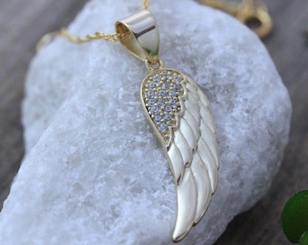 Gold Wing Necklace, Gold Angel Wing Necklace, Guardian Angel Wing CZ, Gold Jewelry, Most Popular Angel Wings. Silver upon request.