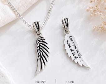 Personalized Sterling Silver Wing Necklace Engraved Guardian Angel Wing. Unisex Wing Pendant.  Select Thick or Thin chain Option.