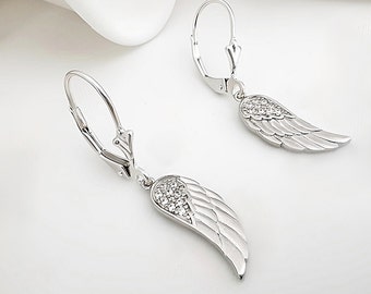 Wings Earrings, Sterling Silver Angel Wings Earrings, Leverback or Hook CZ Angel Wing Earrings. Hypoallergenic Earring, Nickel Lead Free