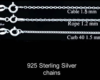 May include: Three silver chains, a cable chain, a rope chain, and a curb chain, with clasps. The chains are 925 Sterling Silver. The cable chain is 1.5 mm thick, the rope chain is 1.2 mm thick, and the curb chain is 1.5 mm thick.