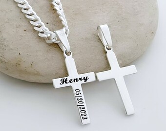 Sterling silver Engraved Cross Necklace. Small Cross for Girls Baptism Gift Cross for Boys First Communion. Choose Italian chain. 5141