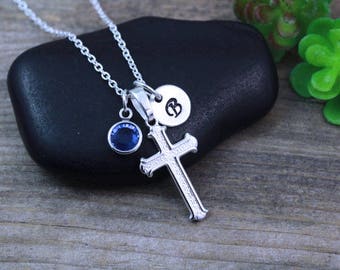 Cross Necklace, Sterling Silver Small Cross, Personalized Initial & Birthstone, baptism gift, Girls first communion gift R-5131