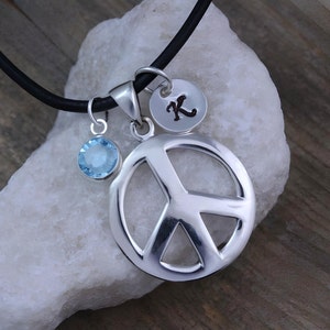 Peace Sign Jewelry, Sterling silver Peace Sign Necklace personalized initial & Birthstone, Choose Chain, Silver Peace sign Necklace. 784