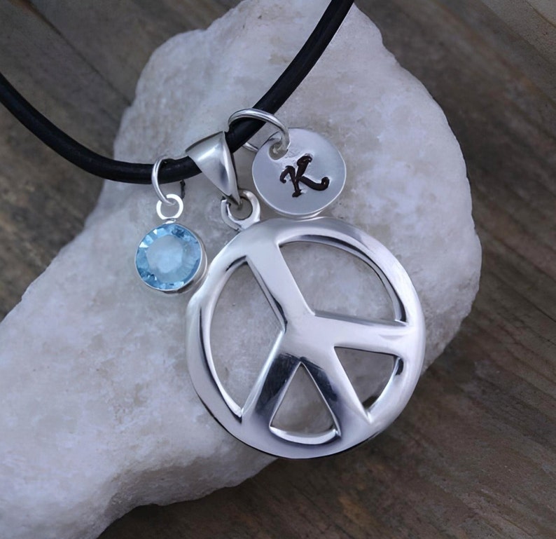Peace Sign Jewelry, Sterling silver Peace Sign Necklace personalized initial & Birthstone, Choose Chain, Silver Peace sign Necklace. 784