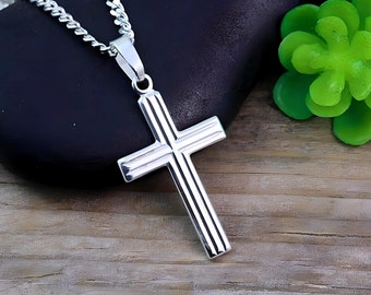 Sterling silver Boys Cross Necklace. Girls Cross Necklace First Communion Cross. Engraving Not Included. Choose Chain. 5152