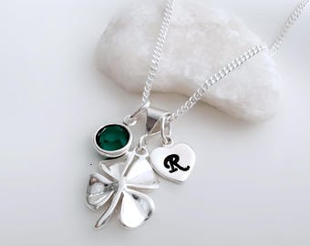 STERLING Silver Four leaf  Clover Necklace, Personalized Birthstone & Initial, Faith Hope, Love,Good luck Irish jewelry, St. Patrick&#39;s Day