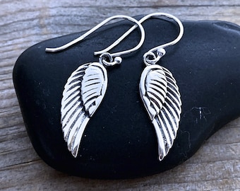 Sterling Silber Engel Flügel Ohrringe, große Detail Silber Flügel Ohrringe, baumeln Schutzengel Flügel Ohrringe, Ohrringe Schmuck.