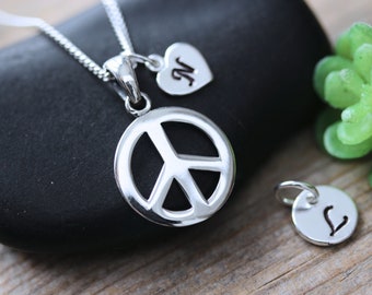 Small Peace Sign Necklace. sterling Silver peace with initial OR birthstone, Peace Necklace, Peace Sign, Silver Peace sign Necklace. Sm.782