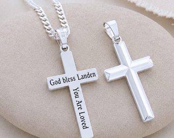 Sterling Silver Engraved Cross Necklace Personalized Custom Cross Pendant. Thick Chain for Men or Thin Chain for Women 5142 #