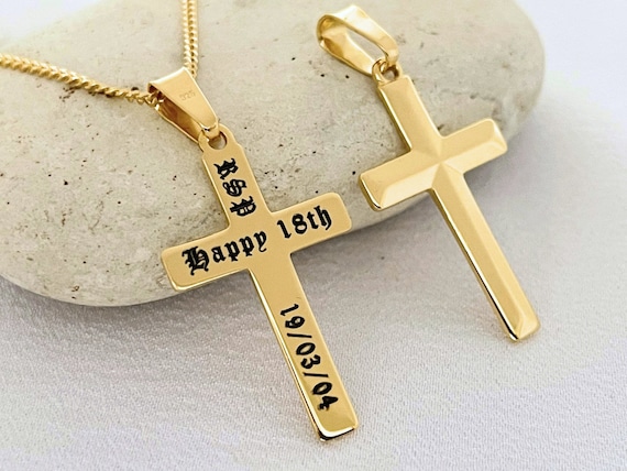Personalized Gold Cross Necklace. Laser Engraved Cross. Customized