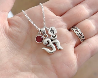Yoga Jewelry, Om Necklace, Personalized Sterling Silver OM initial and birthstone, OM, Yoga, Trending Items. 618