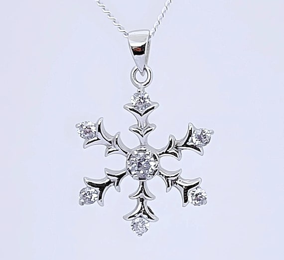 CZ Sterling Silver Snowflake Necklace, Silver Snowflake With Cubic 