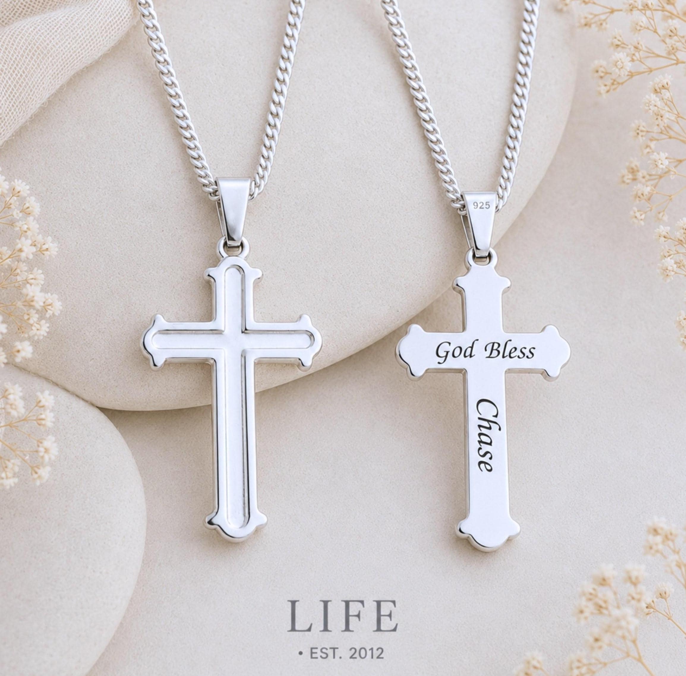 Engraved Cross Necklace . Small Cross in Sterling Silver. Cross