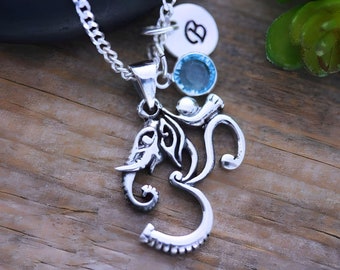 Sterling silver OM Elephant design Necklace, Personalized initial Birthstone, Ohm Necklace, Personalized Om