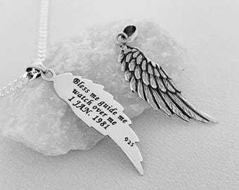 925 Solid Sterling silver Engraved Wing Necklace with Thick Chain for Men or Thin Chain for Women, Angels Watching Over. Realistic detail. #