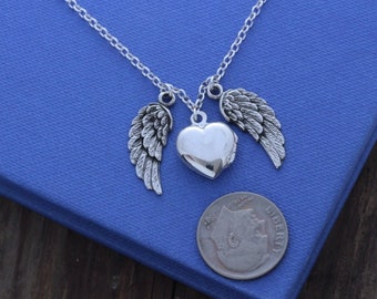 Angel Wing Locket Necklace, Sterling Silver Guardian Angel Locket Necklace Select Size Small Locket 12mm or Medium locket 14mm.