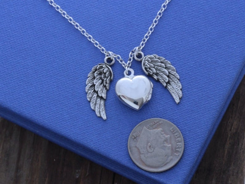 Angel Wing Locket Necklace, Sterling Silver Guardian Angel Locket Necklace Select Size Small Locket 12mm or Medium locket 14mm. image 1