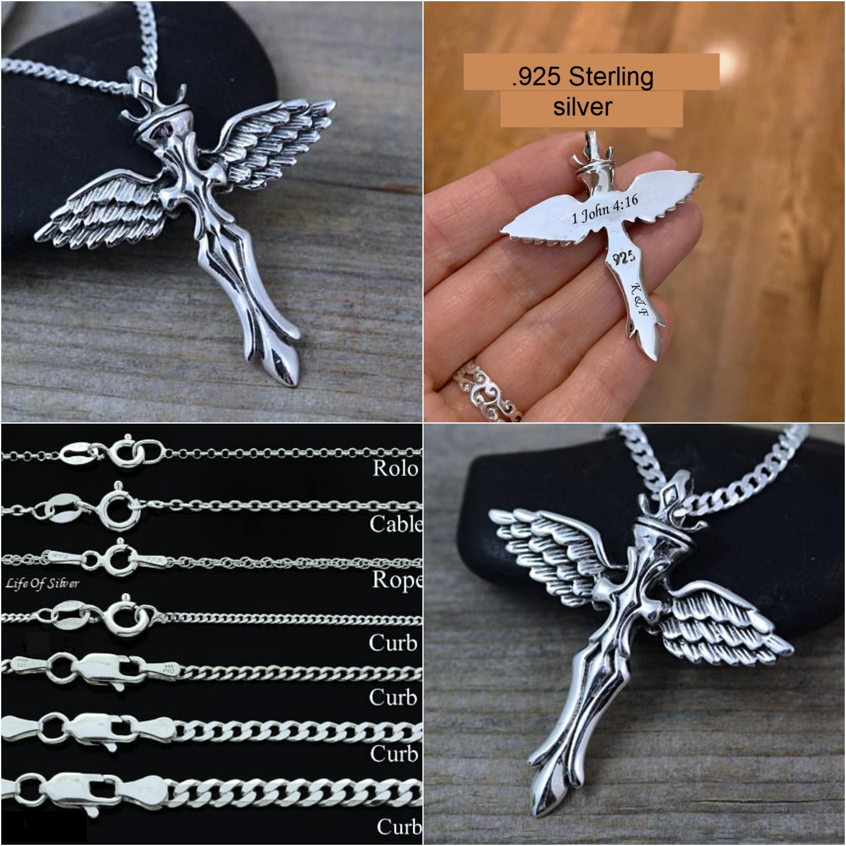 Laser engraved Angel Cross Necklace in Sterling silver choose Etsy