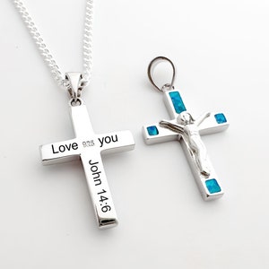 Engraved Blue Opal Cross necklace. Sterling silver Opal Cross pendant. Choose chain