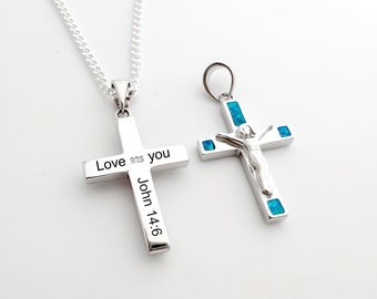 Engraved Blue Opal Cross necklace Sterling silver Opal Cross pendant Necklace Personalized. Select Chain