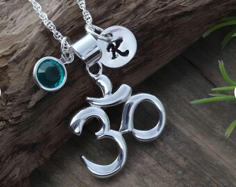 Beautiful OM Necklace with initial & birthstone, Ohm yoga jewelry, om pendant meditation Jewelry symbol. Choose your chain